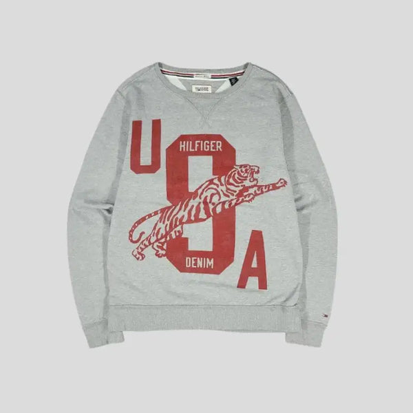 [BUNJANG] Tommy Hilfiger Colorblock Tiger Logo Cotton Sweatshirt M-L / 타미힐피거 힐피거데님 그레이 레드 배색 타이거 빅 로고 올드스쿨 와이드넥 코튼 스웻 맨투맨 티셔츠 M-L