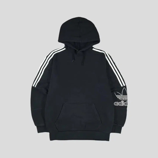 [BUNJANG] Adidas Outline Trefoil Logo Color Block Cotton Sweat Hoodie / 아디다스 블랙 화이트 배색 아웃라인 트레포일 로고 삼선 절개 코튼 스웻 후드 티셔츠 L