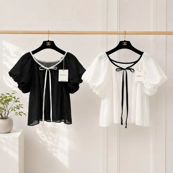 [BUNJANG] Ribbon Puff Sleeve Short Blouse - Ivory, Black / 여름 리본 퍼프 블라우스 숏기장 크링클 아이보리 블랙ㅡ무배