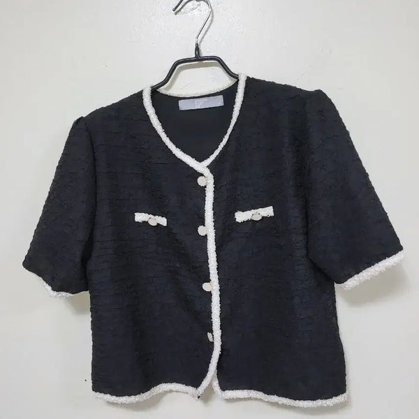 [BUNJANG] 8 Seconds Black White Color Block Tweed Short Sleeve Jacket / 8세컨즈블랙 화이트 배색 트위드 반팔 자켓.260728