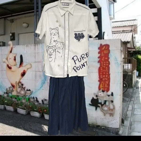 [BUNJANG] White Cat Print Shirt / 고양이 셔츠