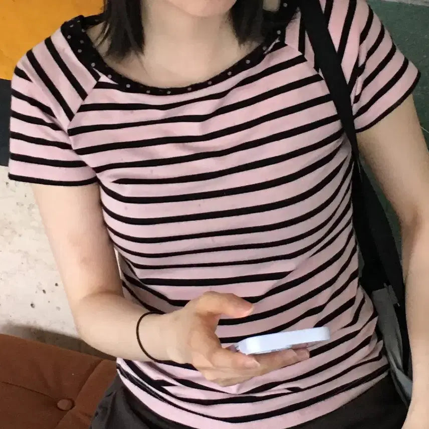 [BUNJANG] Vintage Striped Pink Dot Short Sleeve T-Shirt / 빈티지 스트라이프 핑크 도트 반팔티셔츠