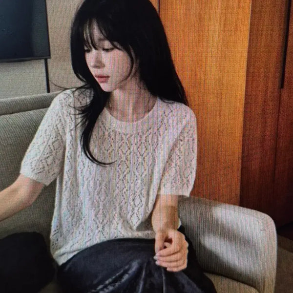 [BUNJANG] Round Neck Loose Short Sleeve Knit Tee - 2 Colors / (해외배송)라운드넥 루즈 반팔 얇은 니트티  2컬러