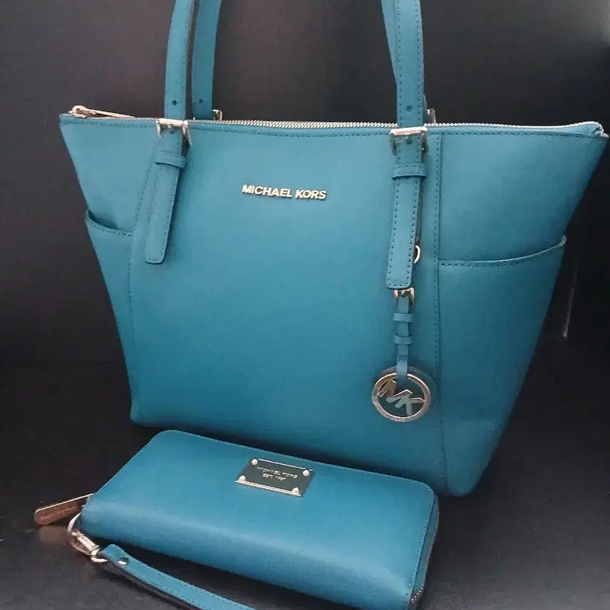 [BUNJANG] Michael Kors Women's Teal Leather Handbag and Wallet Set / 가방 지갑 세트