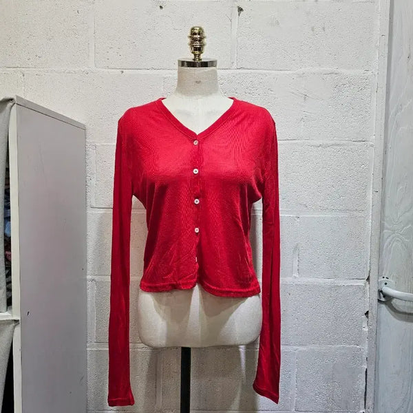 [BUNJANG] Sheer Knit Cardigan Long Sleeve - Red / 시스루 가디건 긴팔- 빨강