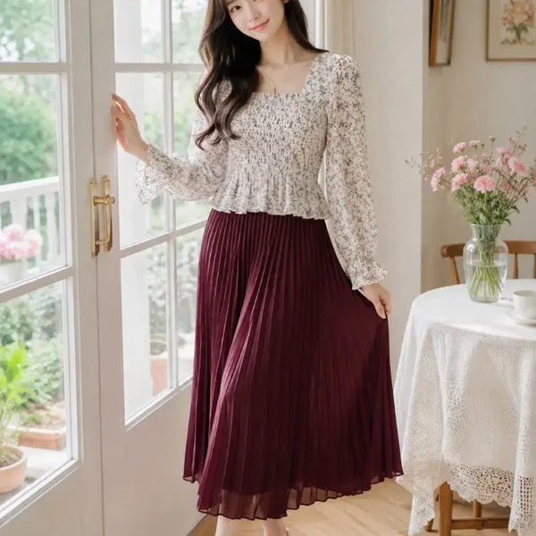 [BUNJANG] Chiffon Blouse and Pleated Skirt Set / 새상품 꽃블라 & 쉬폰주름스커트세트