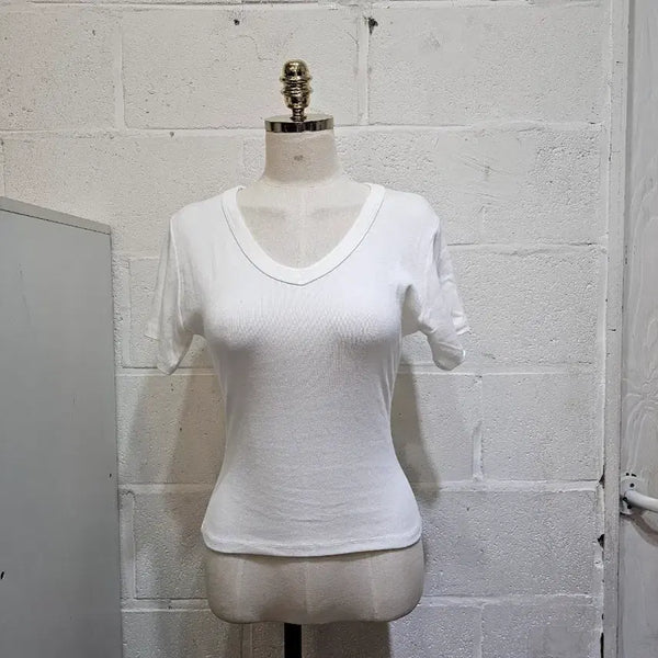 [BUNJANG] V-Neck Waistline Detail Short Sleeve T-Shirt - White / 허리라인 브이넥포인트 반팔- 화이트