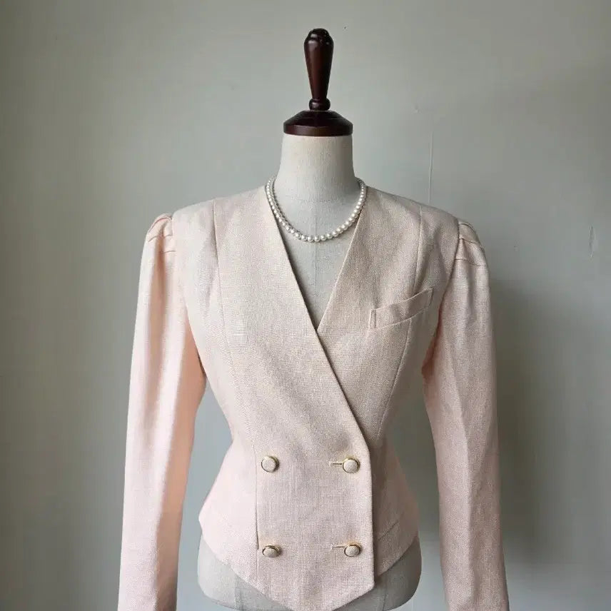 [BUNJANG] Apricot Peach Puff Sleeve Double Button Linen Jacket / 살구 피치 퍼프 소매 더블 단추 린넨 자켓