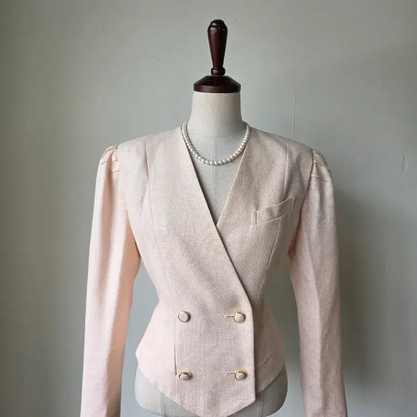 [BUNJANG] Apricot Peach Puff Sleeve Double Button Linen Jacket / 살구 피치 퍼프 소매 더블 단추 린넨 자켓