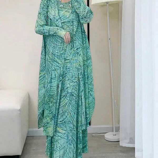 [BUNJANG] Pleated Long Dress and Cardigan Set / 주름옷 플리츠 롱원피스 투피스