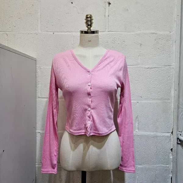 [BUNJANG] Soft Cropped Button Cardigan Long Sleeve - Pink / 부드러운 크롭 단추 가디건 긴팔- 핑크