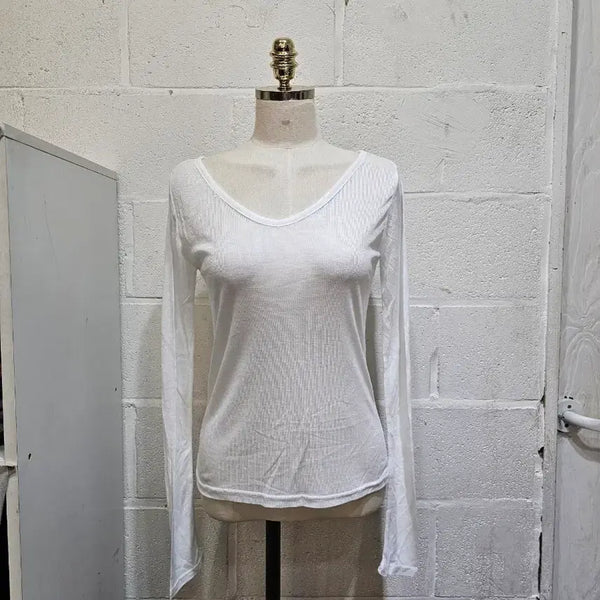 [BUNJANG] V-Neck Long Sleeve Gauze Cotton Top - White / 얇은재질의 거즈면 브이넥 긴팔- 화이트