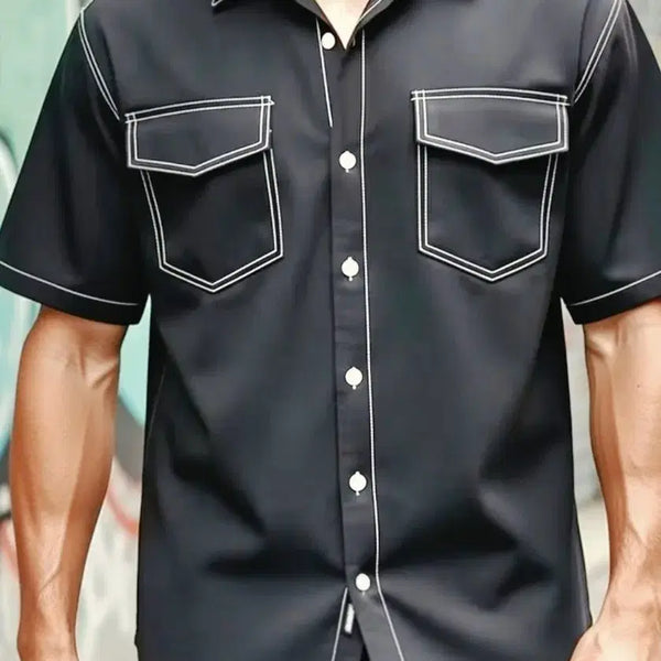 [BUNJANG] Men's Short Sleeve Shirt Black White Stitch / 새상품 남자 셔츠 블랙 흰색 스티치