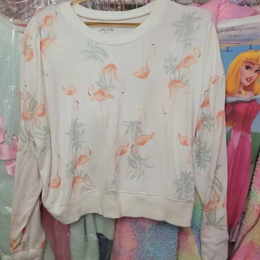 [BUNJANG] Pink Flamingo Pattern Sweatshirt - Import XS / 핑크 플라밍고 패턴 맨투맨 수입XS