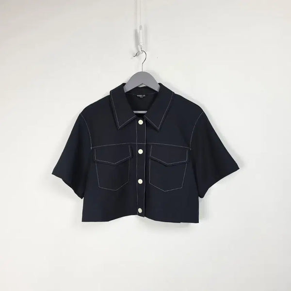 [BUNJANG] Studio Lab Women's Short Sleeve Cropped Pocket Span Shirt Navy S / 스튜디오 랩 반팔 크롭 포켓 스판 셔츠 네이비 여 90-95. 260804