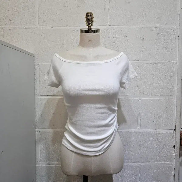 [BUNJANG] One-Shoulder Shirring Off-Shoulder Short-Sleeve Top - White / 한쪽셔링 오프숄더 반팔- 화이트