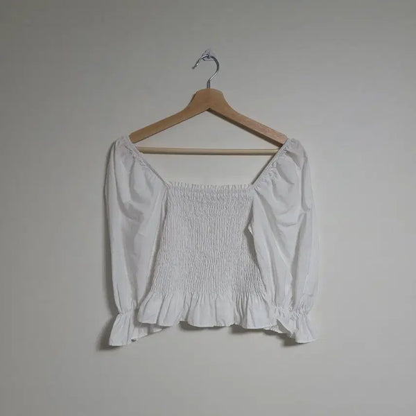 [BUNJANG] ZARA Cropped Smocked Banding Frill Blouse White / (26) ZARA 자라 크롭 스모크 밴딩 프릴 블라우스 화이트