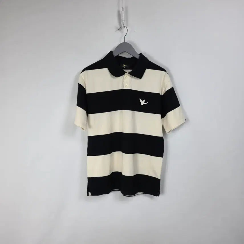 [BUNJANG] Want It Isn't Black Ivory Striped Short-Sleeve Polo Shirt (Men's 95-100) / 원트잇이즌트 블랙 아이보리 단가라 반팔 카라티 남 95-100. 260804