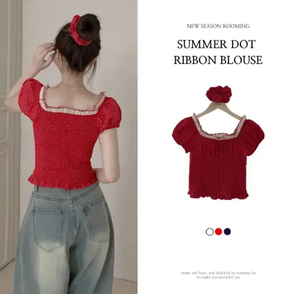 [BUNJANG] Summer Dot Ribbon Blouse - Red / 썸머 도트 리본 블라우스