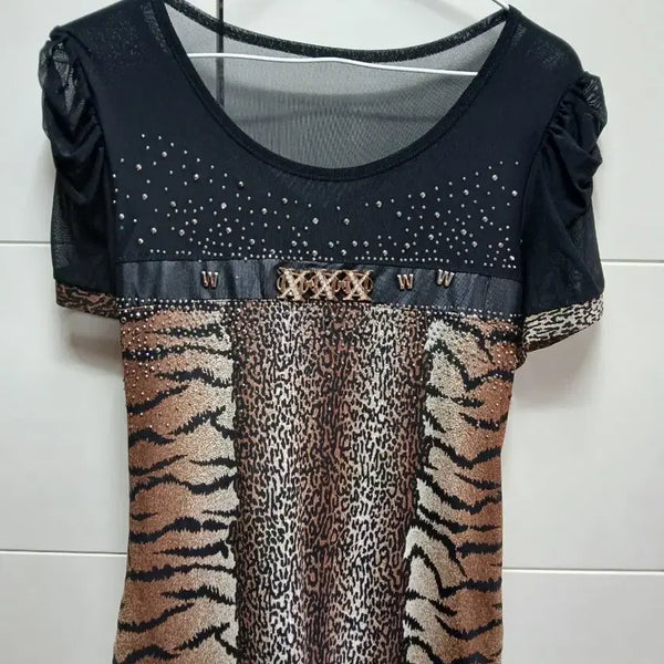 [BUNJANG] Leopard Print Mesh Shirt with Beaded Embellishments - Size 55 / 호피 무늬 셔츠55