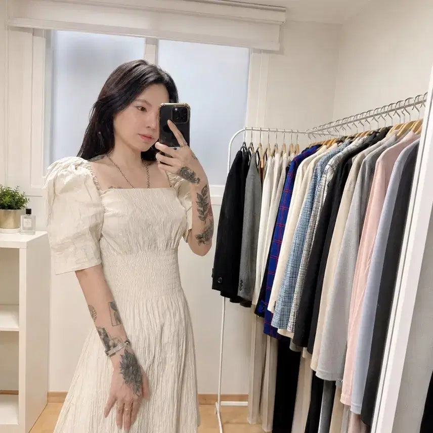 [BUNJANG] ANNA QUAN Puff Sleeve Shirring Dress Ivory / ANNA QUAN 퍼프소매 셔링 원피스 아이보리