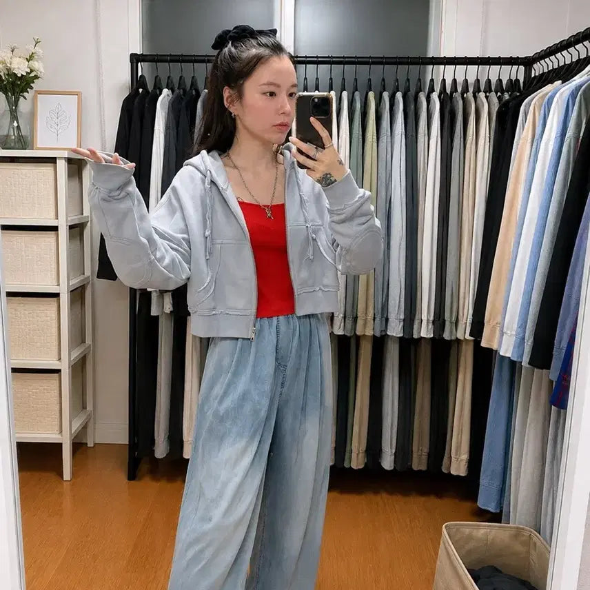 [BUNJANG] Matinkim Peaches Crop Hooded Zip-up Grey Free Size / 마뗑킴 피치스 크롭 후드집업 그레이 F
