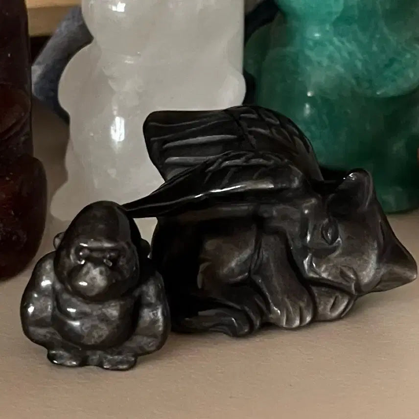 [BUNJANG] Natural Stone Silver Obsidian Cat & Gorilla Charm Set / (세트) 천연원석 실버 옵시디언 천사 날개 고양이 카빙 미니 고릴라 원석 돌