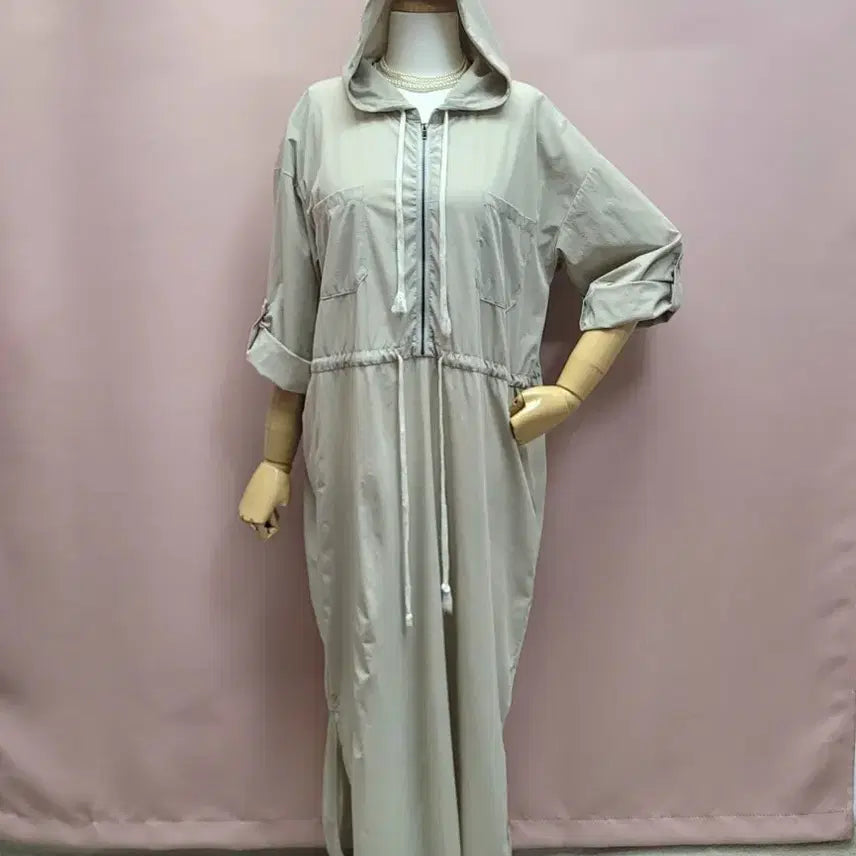 [BUNJANG] Crinkly Spandex Roll-Up String Hooded Long Dress / 바스락 스판 롤업 스트링 후드 롱원피스
