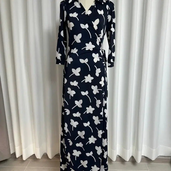 [BUNJANG] Imported White Floral Wrap Maxi Dress (Navy) / (수입의류) 네이비 화이트 플라워 카라 랩 맥시 롱원피스 (44~55추천)