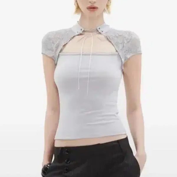 [BUNJANG] Hilda Tineck Lace Slim Tee Grey / 힐다 타이넥 레이스 슬림티 그레이