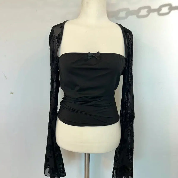 [BUNJANG] Japanese Vintage Gothic Black Floral See-Through Top / Japanese Vintage  고스 블랙 플라워 로리 갸루 시스루 탑