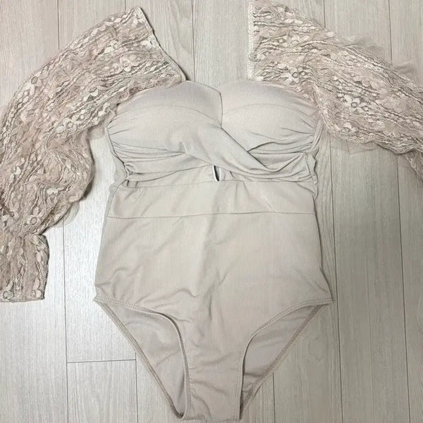 [BUNJANG] Beige Lace Long Sleeve Bikini Monokini / 베이지 레이스 긴팔 비키니 모노키니