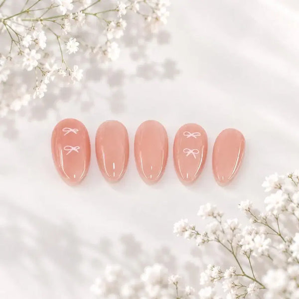 [BUNJANG] Handmade Nail Tips - Peach Pink Syrup Gel with Mini White Ribbon / 방학기간할인) 수제 네일팁