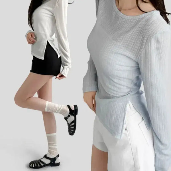 [BUNJANG] SHEER MOOD Asymmetrical Slit Long Sleeve T-Shirt / 시어무드 언발슬릿 롱슬리브 에이블리