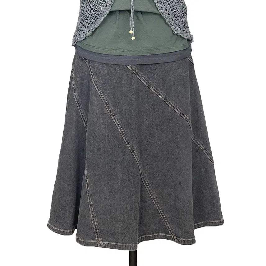 [BUNJANG] Japanese Vintage Goard Stitch Long Skirt Charcoal Grey Mori Girl Y2K Hippie Ethnic / 일본빈티지 고어드스티치 롱스커트치마 흑청차콜그레이 모리걸갸루y2k히피에스닉