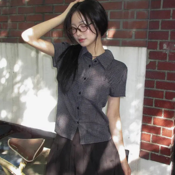 [BUNJANG] Check Pattern Summer Slim Fit Short Sleeve Shirt / 체크 여름 슬림 카라 반팔 셔츠