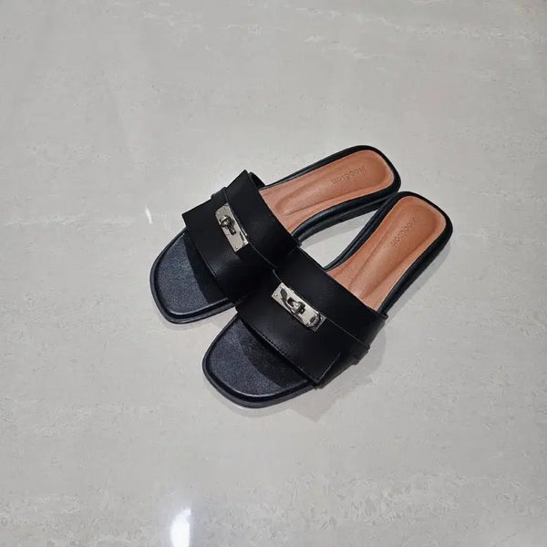 [BUNJANG] Genuine Leather Buckle Women's Slippers / # 소가죽 버클 여성 슬리퍼