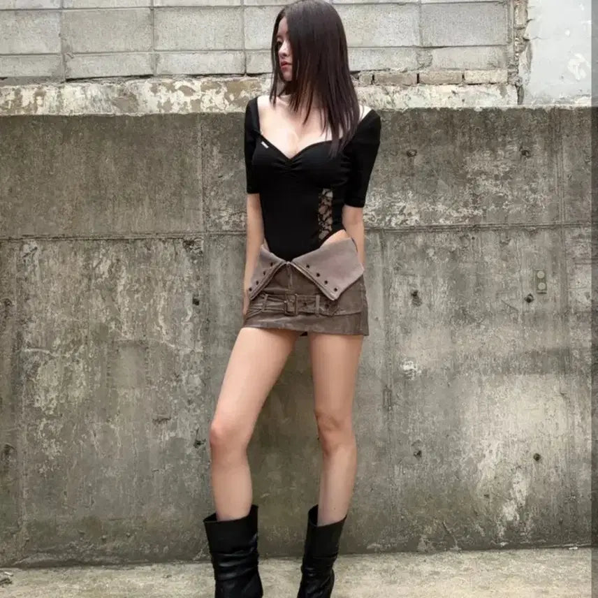 [BUNJANG] Etoile Etoile Front Zip Belt Mini Skirt (Brown) / 에트오소메 프론트 지퍼 벨트 미니스커트 (브라운)