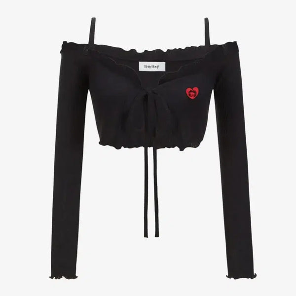 [BUNJANG] Betty Boop Frill Off-Shoulder Crop Cardigan Black / 베티붑 프릴 오프숄더 크롭 가디건 블랙