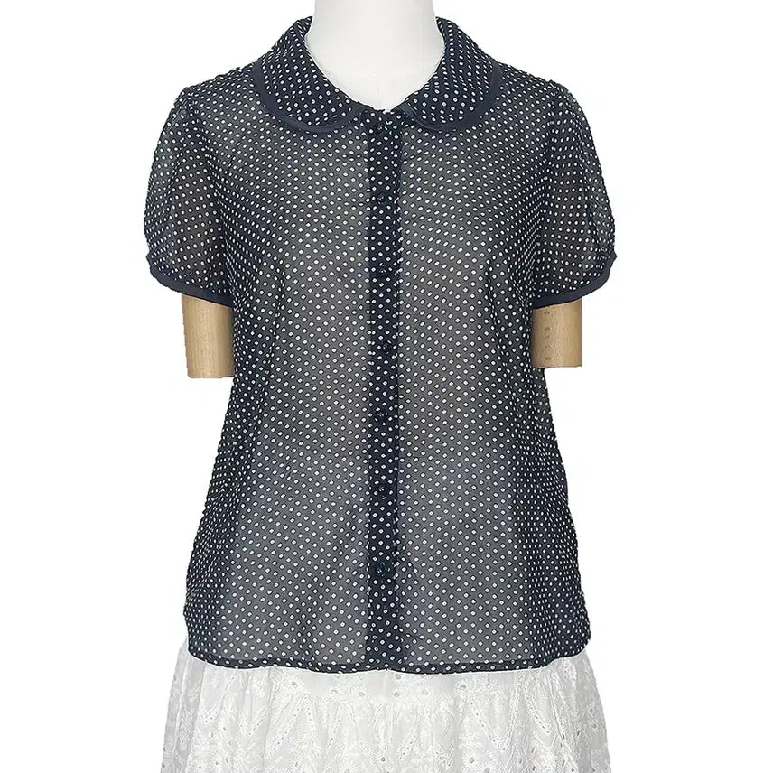 [BUNJANG] Vintage Polka Dot Chiffon Round Collar Balloon Sleeve Shirt Black / 일본빈티지 도트땡땡이 쉬폰콩단추 둥근카라벌룬소매셔츠티 블랙 모리걸갸루y2k히피에스닉