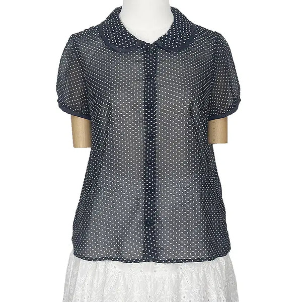 [BUNJANG] Vintage Polka Dot Chiffon Round Collar Balloon Sleeve Shirt Black / 일본빈티지 도트땡땡이 쉬폰콩단추 둥근카라벌룬소매셔츠티 블랙 모리걸갸루y2k히피에스닉