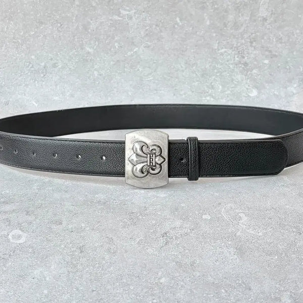 [BUNJANG] Chrome Buckle Basic Pebble Leather Western Belt Black / 크롬 버클 베이직 페블 가죽 웨스턴 벨트 블랙