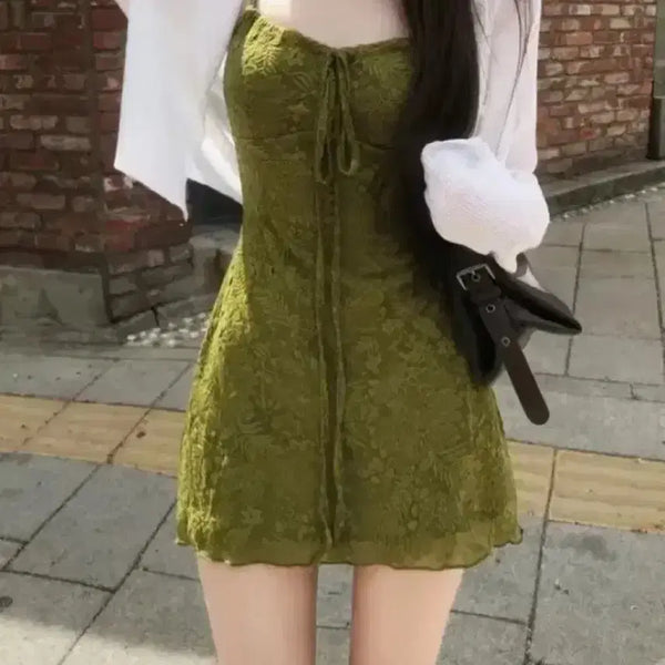 [BUNJANG] Sleeveless Jacquard Suspender Dress Green / 테무 원피스 슬림 자카드 서스펜더 드레스 녹색