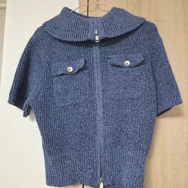 [BUNJANG] 8Seconds Two-Way Collar Short-Sleeve Knit Zip-Up Blue / 8SECONDS 투웨이 칼라 반팔 니트 집업 블루