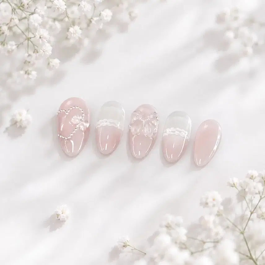 [BUNJANG] Handmade Baby Pink Magnetic Gel Nail Tips with Lace, Ribbon, and Chain Heart Charm / 수제 네일팁