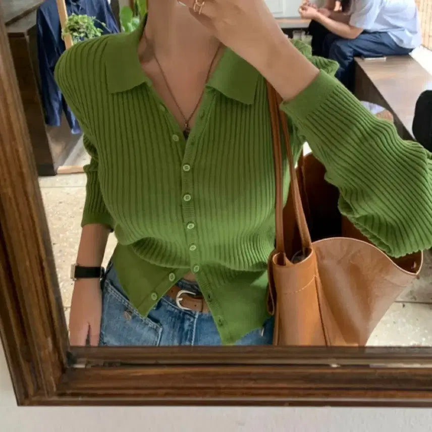 [BUNJANG] Badelly Vivid Collar Button Ribbed Knit Cardigan Olive / 베이델리 비비드 카라 버튼 골지 니트 가디건 올리브