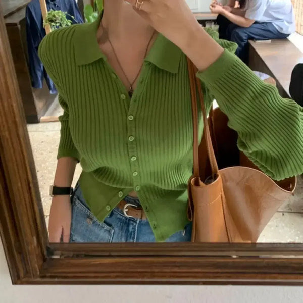 [BUNJANG] Badelly Vivid Collar Button Ribbed Knit Cardigan Olive / 베이델리 비비드 카라 버튼 골지 니트 가디건 올리브