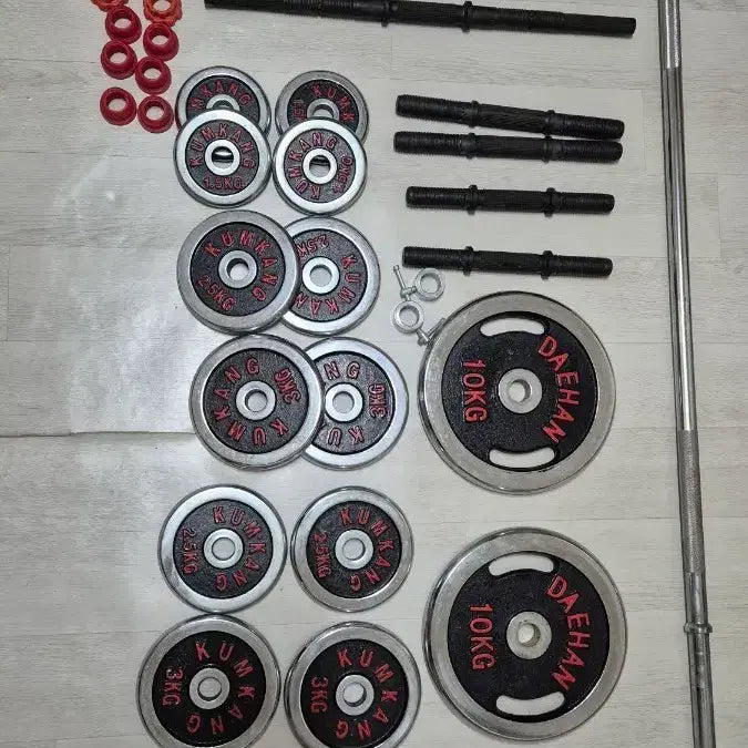 [BUNJANG] Keumkang Dumbbell Weight Plate Set 48kg with Barbell / 금강 덤벨 원판 세트 48kg, 7.5kg 봉 등등