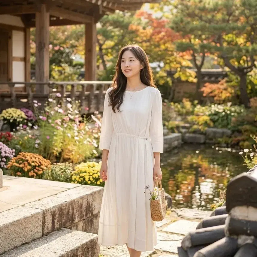 [BUNJANG] Premium Linen Puff Sleeve Long Dress / 새상품 고급스런 린넨원피스