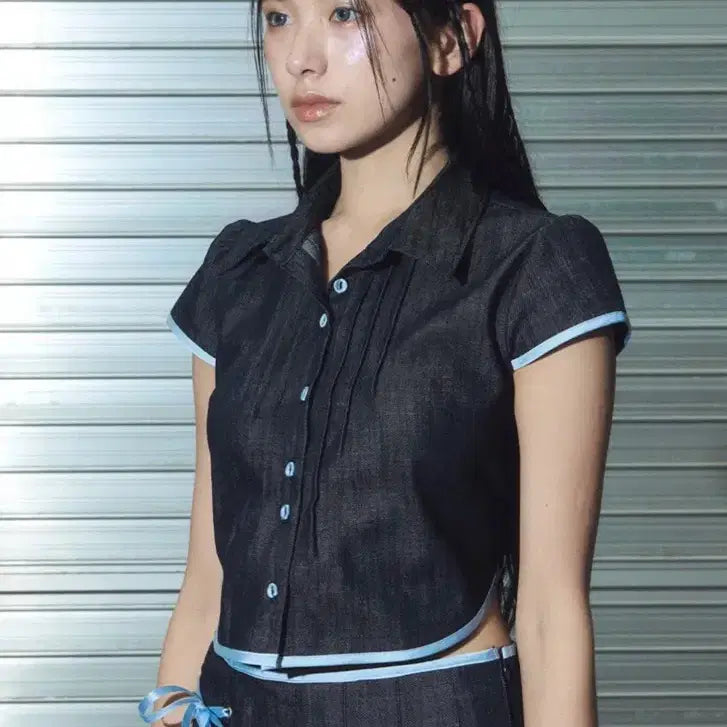 [BUNJANG] Cherry Quarry Denim Short Sleeve Shirt Blouse / 체리퀴리 데님 반팔 셔츠 블라우스